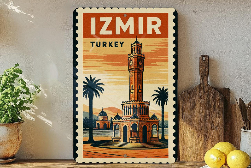 A vintage-style metal sign with the text "IZmir Turkey" and an illustration of a tower, palm trees, and a desert landscape.