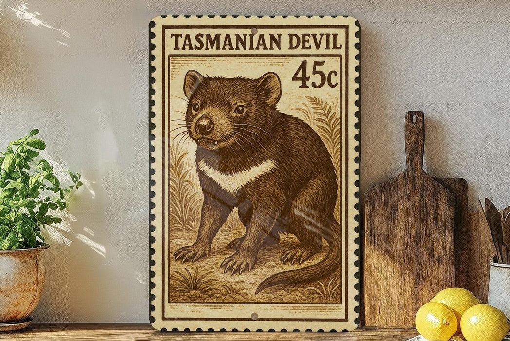 A framed stamp depicting a Tasmanian Devil, a small marsupial native to Australia, is displayed on a shelf next to a wooden cutting board and a potted plant.