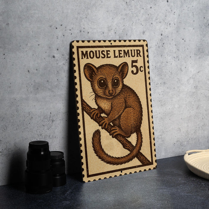 A metal stamp featuring a cartoon image of a brown rodent, likely a mouse lemur, sitting on a branch.