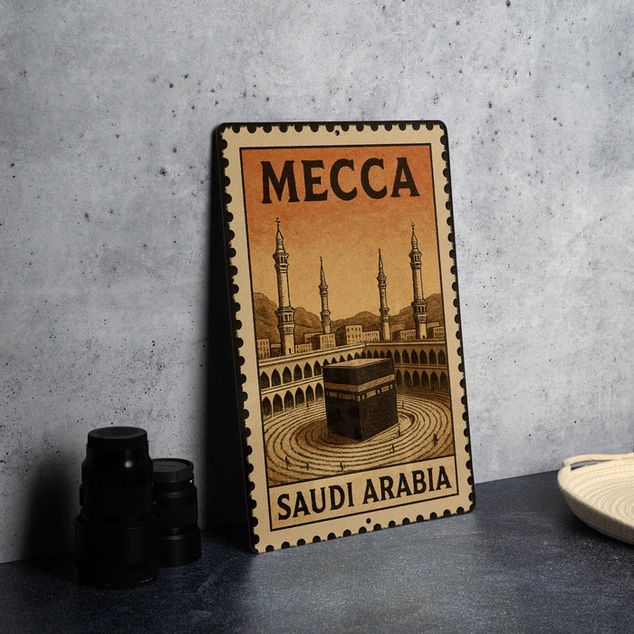 A metal sign with the text "MECCA SAUDI ARABIA" and an illustration of the Kaaba, the most sacred site in Islam, in the center.