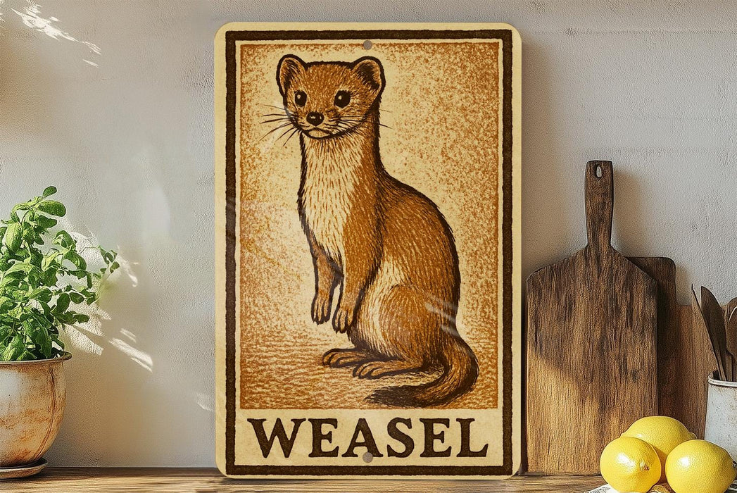 a sign with a drawing of a weasel, placed on a shelf next to a wooden cutting board and some lemons.