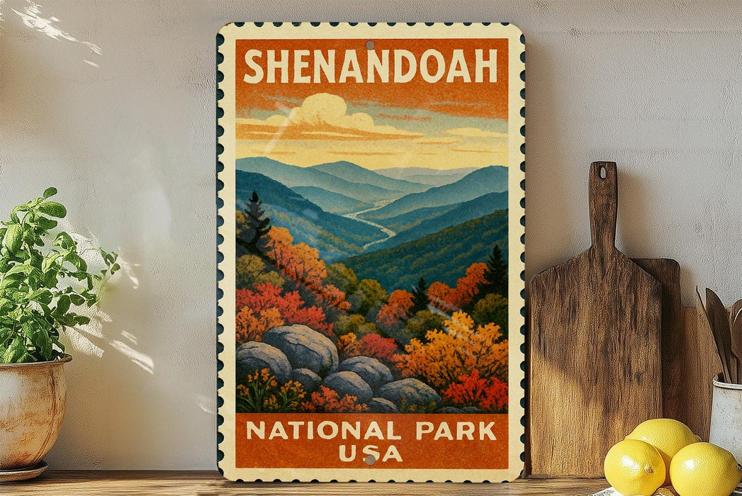 a framed vintage-style stamp depicting a scenic landscape with mountains, trees, and a river, placed on a shelf next to a wooden cutting board and some potted plants.