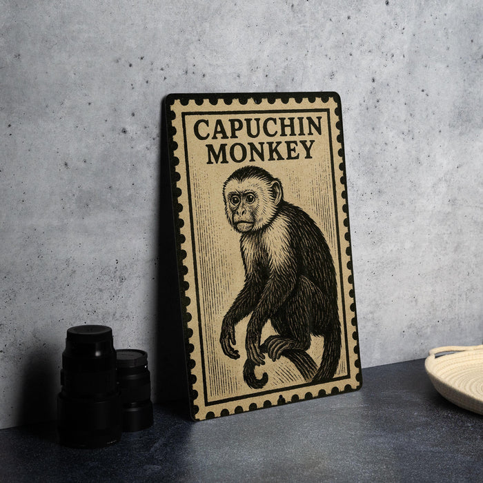 a framed illustration of a capuchin monkey on a wall, with a stack of black camera lenses and a white plate visible in the foreground.