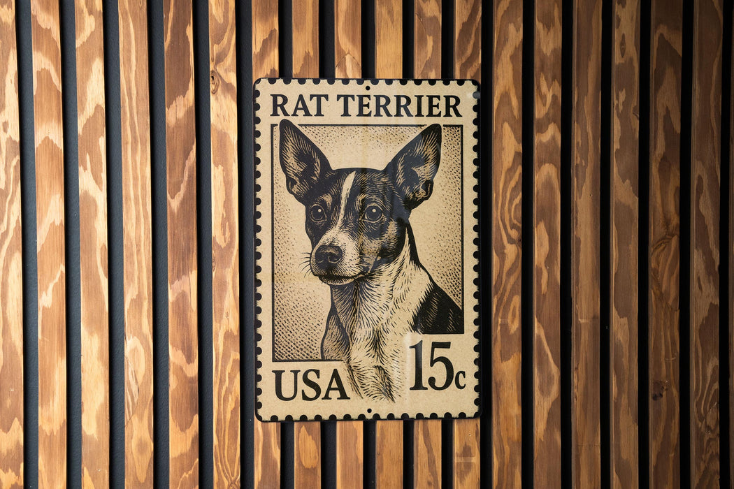 A metal stamp featuring a portrait of a Rat Terrier dog, with the text "RAT TERRIER" and "USA 15¢" printed on it.