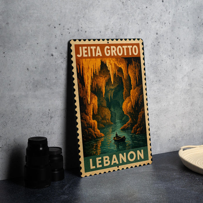 A vintage-style metal stamp depicting a cave scene with a person in a boat, labeled "JEITA GROTTO LEBANON".