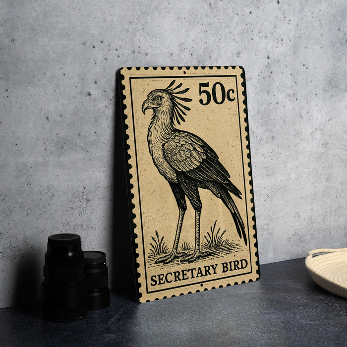 A metal stamp depicting a Secretary Bird, with the denomination of 50 cents, is displayed on a table.