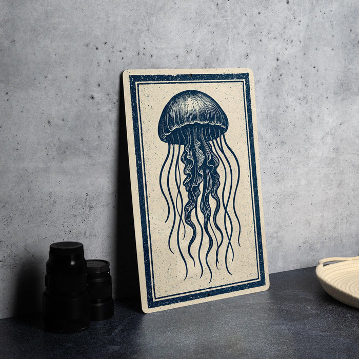 a framed illustration of a jellyfish on a wall.