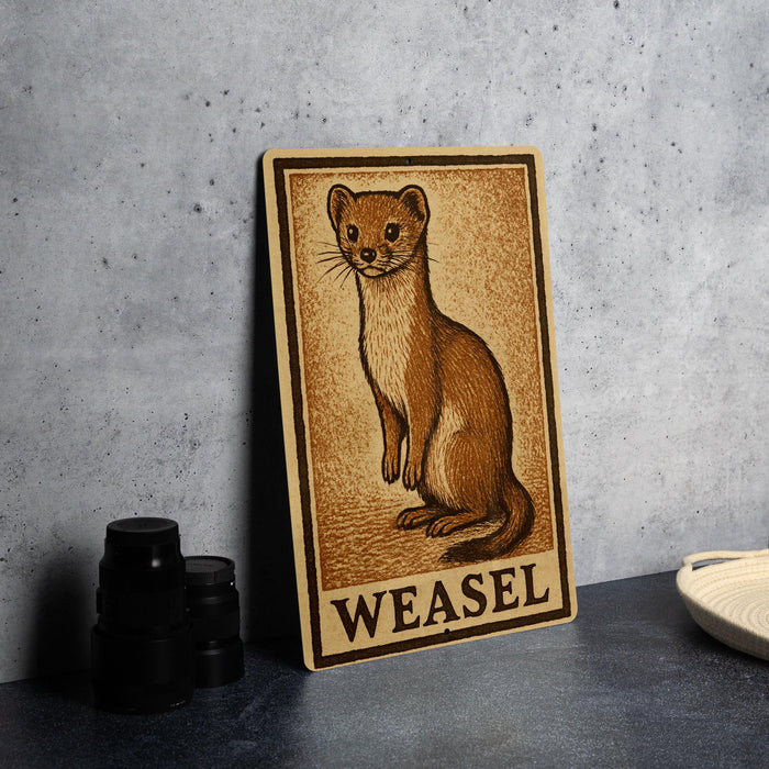 A wooden sign featuring an illustration of a weasel, with the word "WEASEL" written below it.