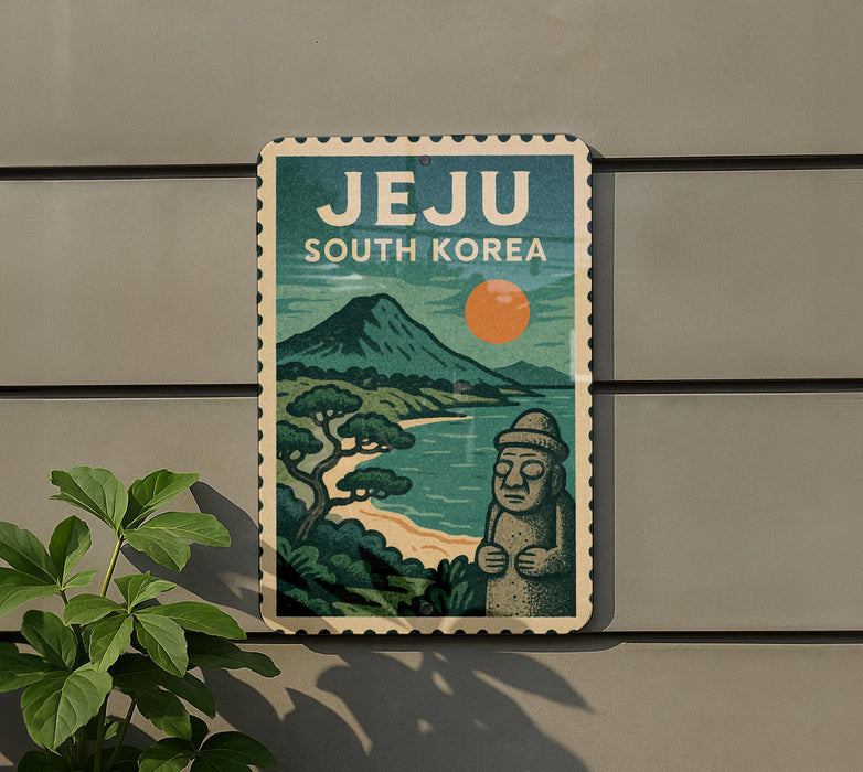 A vintage-style poster of Jeju, South Korea, featuring a mountain landscape and a stone statue, mounted on a wall.