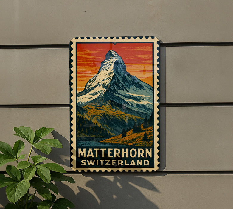 A vintage-style metal sign with a mountain landscape and the text "MATTERHORN SWITZERLAND" is displayed on a wall.