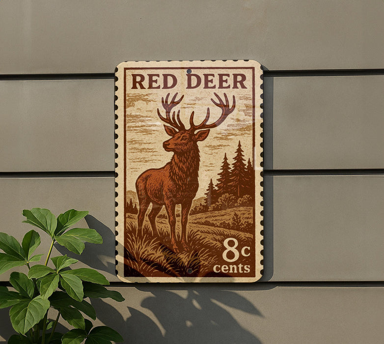A vintage-style metal sign featuring a red deer illustration and the text "RED DEER 8cents" is displayed on a gray wall.