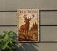 A vintage-style metal sign featuring a red deer illustration and the text "RED DEER 8cents" is displayed on a gray wall.
