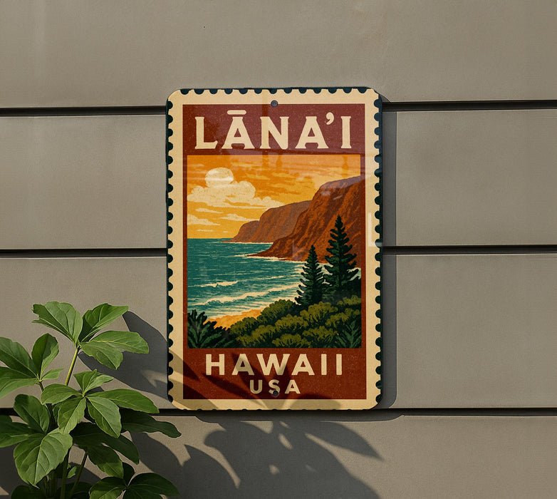 A vintage-style sign with the text "LANA'I" and "HAWAII U.S.A." displayed on a wall, depicting a scenic landscape with mountains, trees, and the ocean.