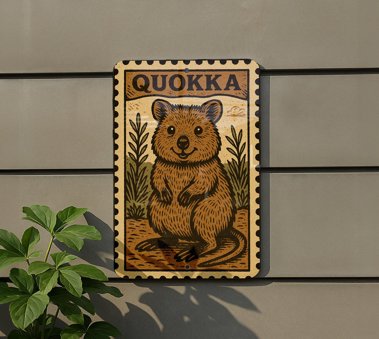 a wooden sign with a cartoon-style illustration of a brown animal, possibly a rodent or a small marsupial, on a wall.