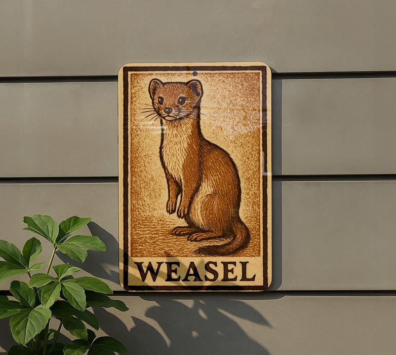 a weasel, which is a small, furry rodent-like creature, depicted on a sign.