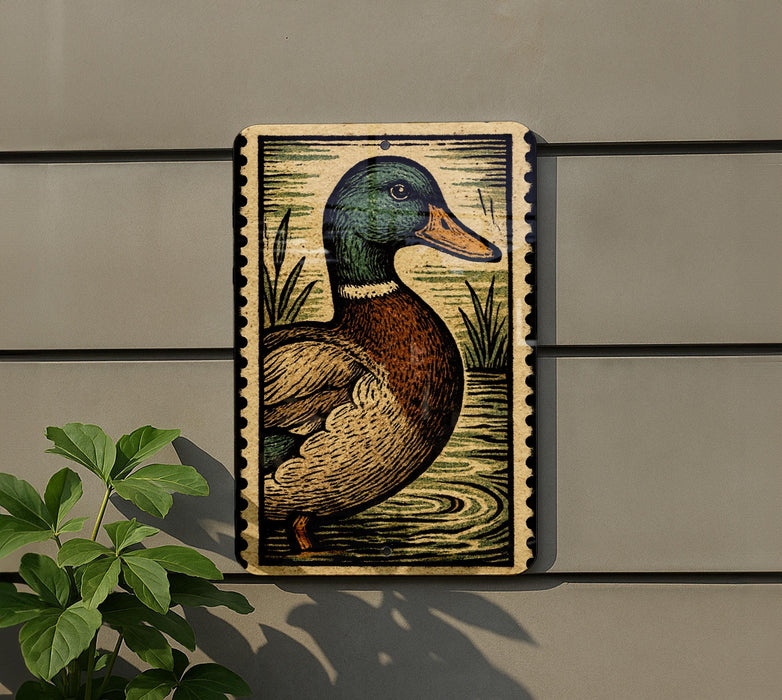 a detailed illustration of a duck, with its head, neck, and body prominently displayed against a background of water and plants.