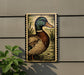 a detailed illustration of a duck, with its head, neck, and body prominently displayed against a background of water and plants.