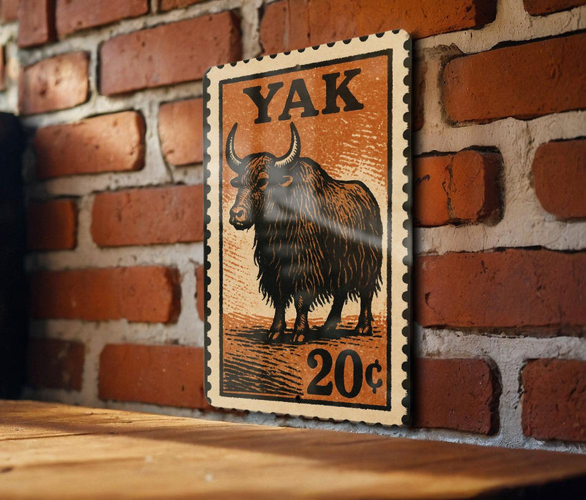 A wooden table with a 20-cent postage stamp featuring a yak illustration on it, mounted on a brick wall.