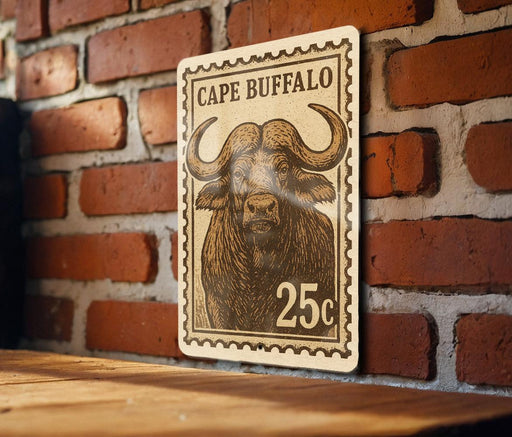 A metal sign with a buffalo illustration and the text "CAPE B Buffalo" is mounted on a brick wall.