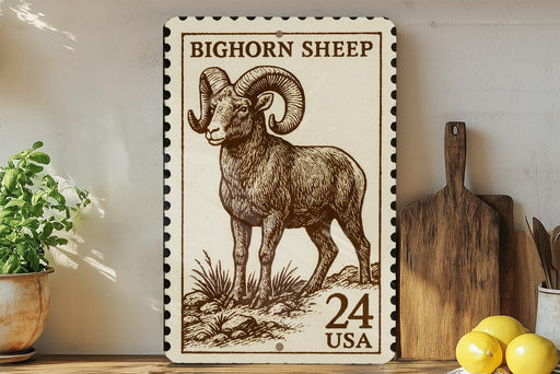a large stamp-like artwork depicting a bighorn sheep, with the text "BIGHORN SHEEP" and "24 USA" printed on it. The artwork is displayed on a wooden surface, with a potted plant, a wooden cutting board, and some lemons nearby.
