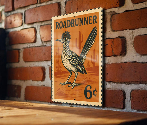 A vintage-style stamp featuring a Roadrunner bird, with the text "ROADRUNNER" and a price of 6 cents.