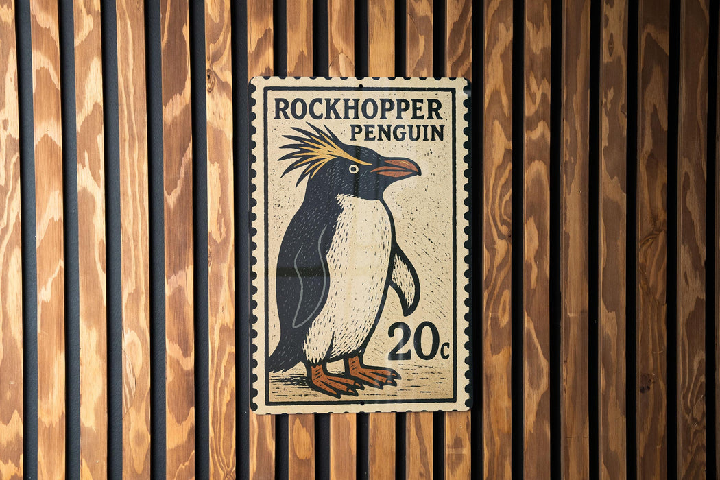 A postage stamp featuring a penguin, with the text "ROCKHOpper PENGUIN" and the denomination "20c".