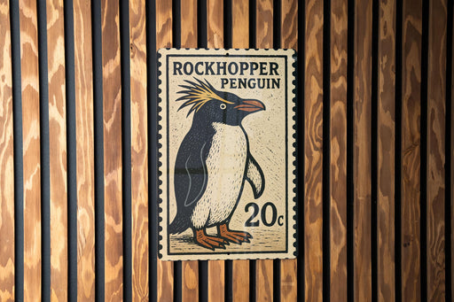 A postage stamp featuring a penguin, with the text "ROCKHOpper PENGUIN" and the denomination "20c".