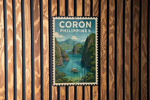 A vintage-style poster of Coron Philippines, featuring a scenic landscape with mountains, water, and a boat, is displayed on a wooden wall.
