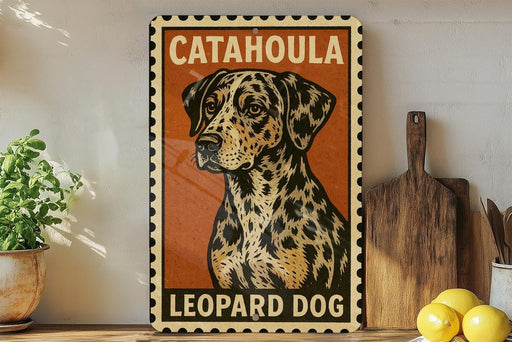 A metal sign with a leopard dog illustration, placed on a wooden surface next to a wooden cutting board and some lemons.