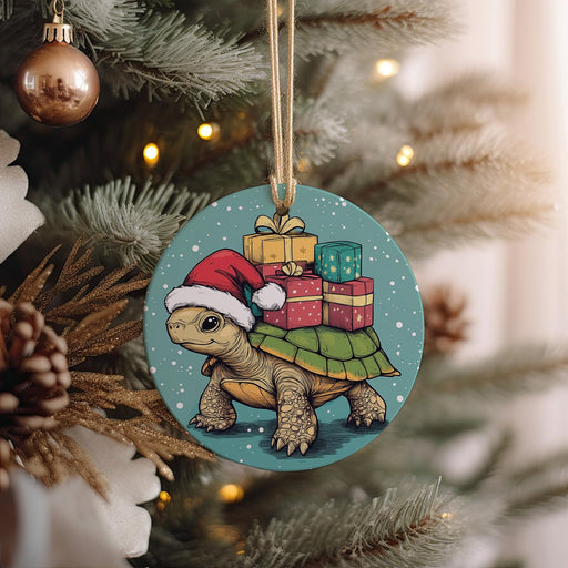 a christmas ornament hanging from a christmas tree