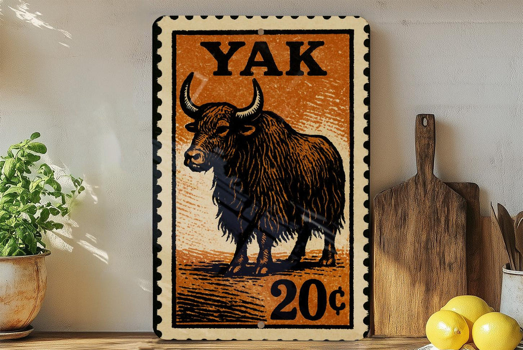 A 20-cent Yak postage stamp is displayed on a wooden surface, with a potted plant and a wooden cutting board nearby.