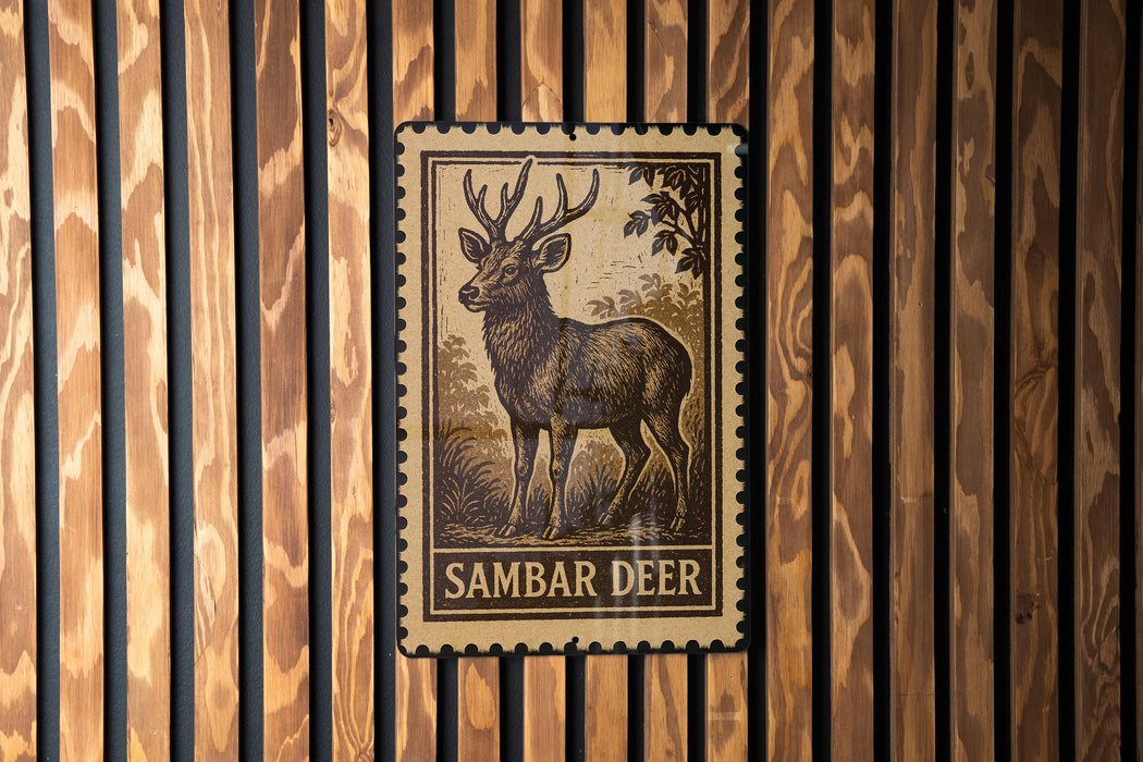 A metal stamp featuring a detailed illustration of a Sambar deer, which is a type of deer native to the forests of India.