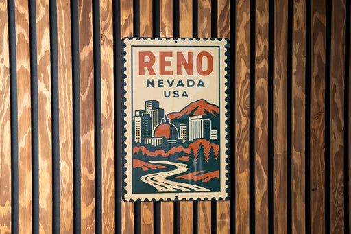 A metal sign with the text "Reno, Nevada, USA" and an illustration of a cityscape with mountains in the background.