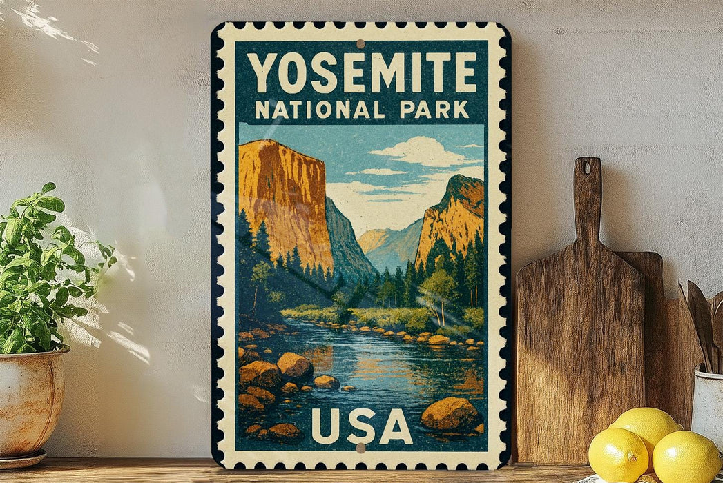 A vintage-style metal sign for Yosemite National Park, featuring a scenic illustration of the park's iconic landmarks and natural beauty.