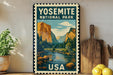 A vintage-style metal sign for Yosemite National Park, featuring a scenic illustration of the park's iconic landmarks and natural beauty.