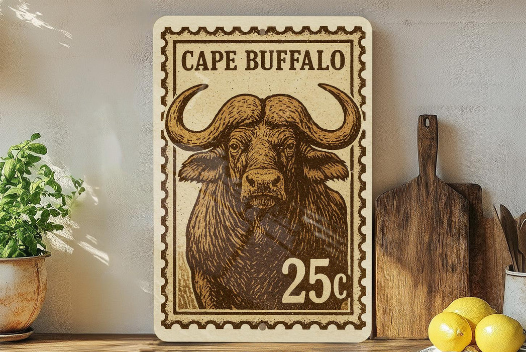 a large stamp-like artwork depicting a buffalo, with the text "CAPE BUFFALO" and the denomination "25c" printed on it. The artwork is displayed on a shelf, surrounded by various kitchen utensils and a potted plant.