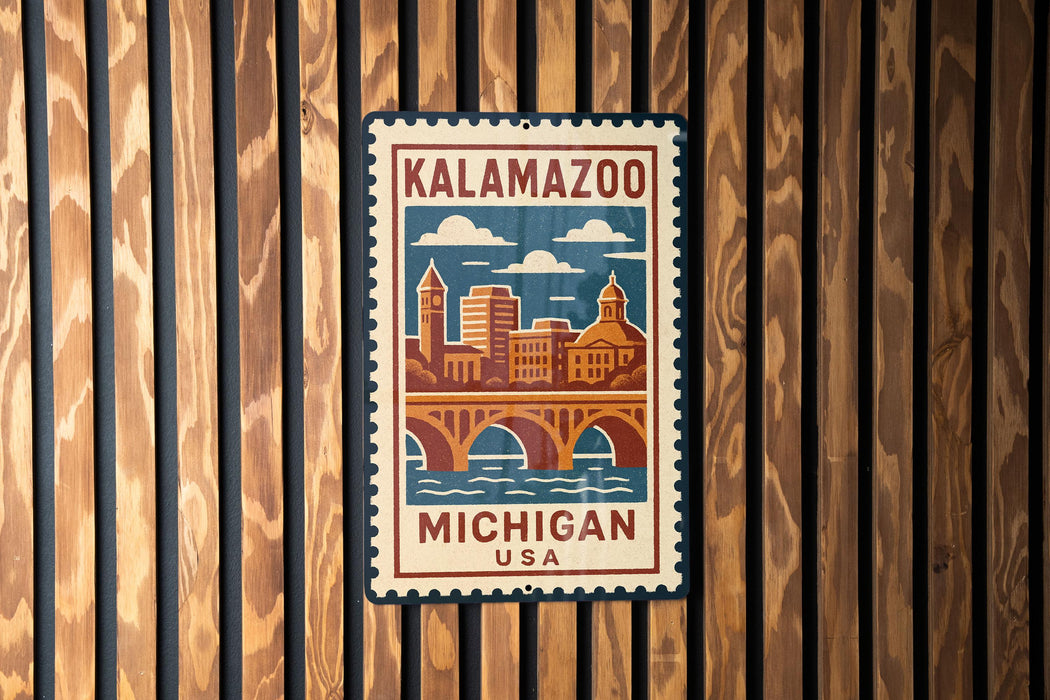 A vintage-style metal sign with a cityscape and a bridge, mounted on a wooden wall.