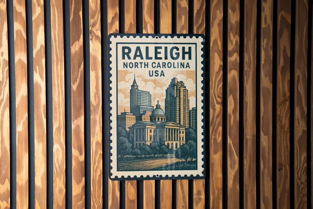 A postage stamp featuring the skyline of Raleigh, North Carolina, USA.
