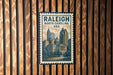 A postage stamp featuring the skyline of Raleigh, North Carolina, USA.