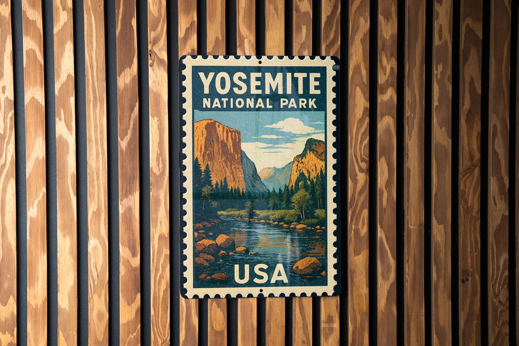 A vintage postage stamp featuring a scenic landscape of Yosemite National Park in the United States.