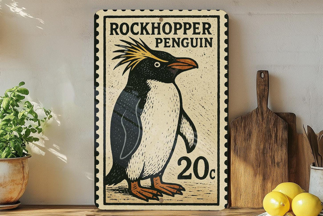 A vintage-style stamp depicting a rockhopper penguin, with the text "ROCKHOpper PENGUIN" and the price "20c" printed on it. The stamp is displayed on a wooden shelf, with a potted plant, a wooden cutting board, and some lemons nearby.