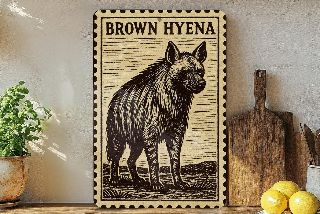 a framed illustration of a hyena, a type of wild dog, on a wooden surface.