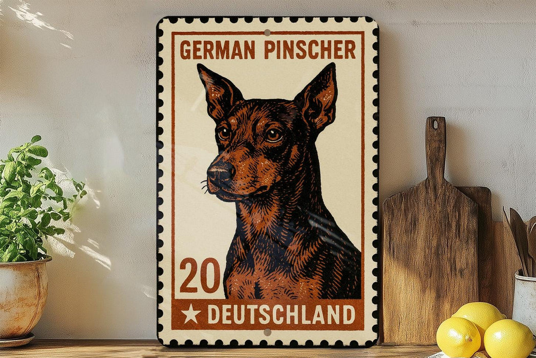 A German Pinscher dog is depicted on a metal sign with the text "German Pinscher" and "Deutschland" printed on it, placed on a wooden surface next to a potted plant and a wooden cutting board.
