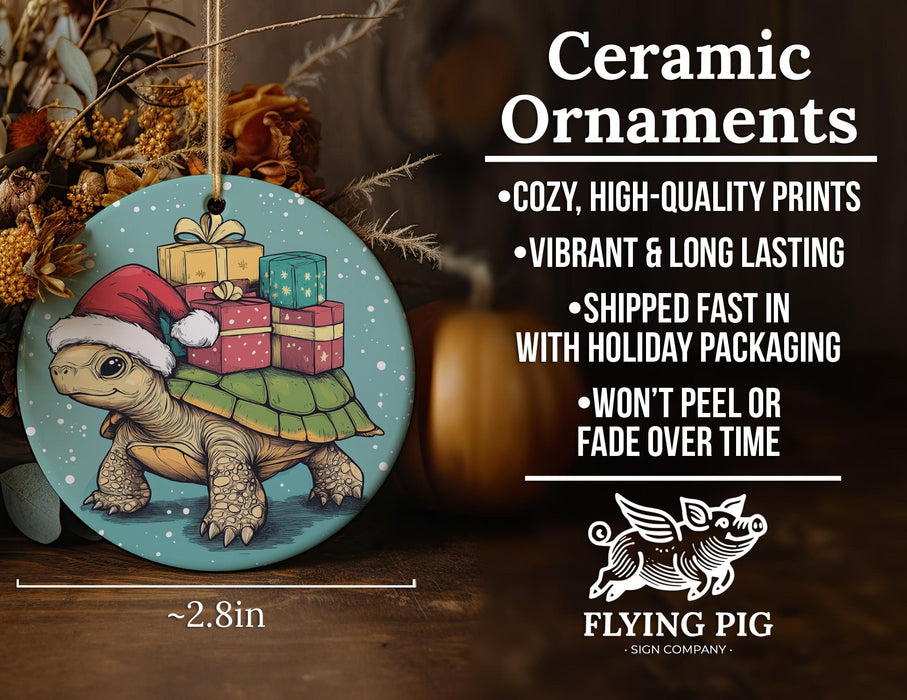 a ceramic christmas ornament with a turtle carrying presents