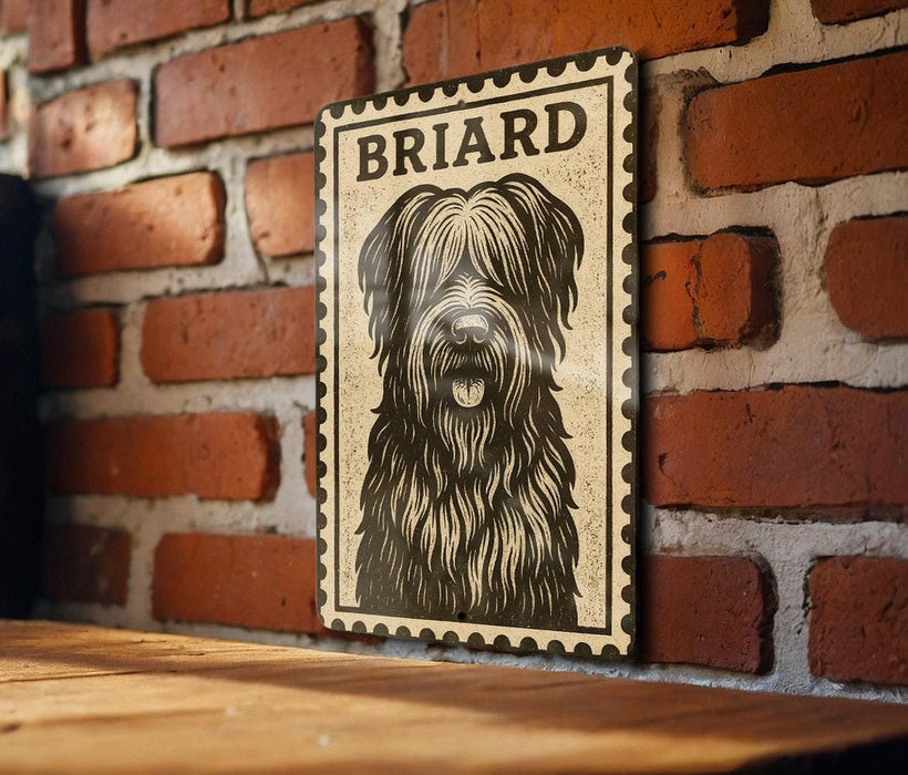 A framed image of a shaggy dog with a black and white illustration on a brick wall.