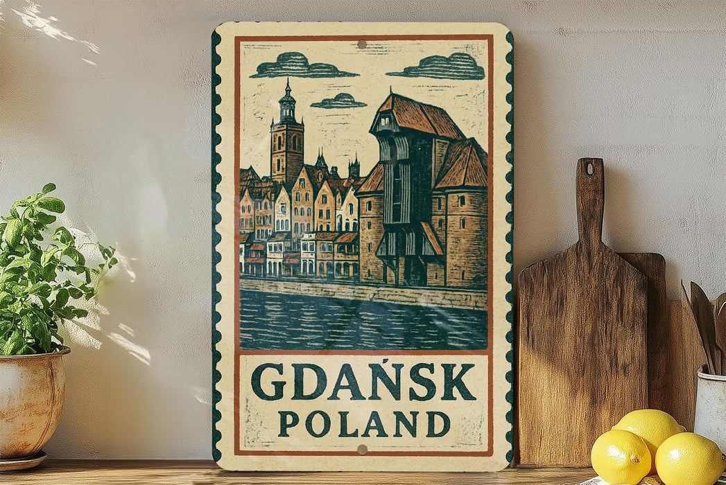 A vintage-style metal sign with a drawing of a cityscape and the text "Gdansk Poland" is displayed on a wooden shelf, accompanied by a potted plant, a wooden cutting board, and some lemons.