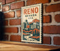 A vintage-style metal sign with the text "Reno, Nevada, USA" displayed on a brick wall.