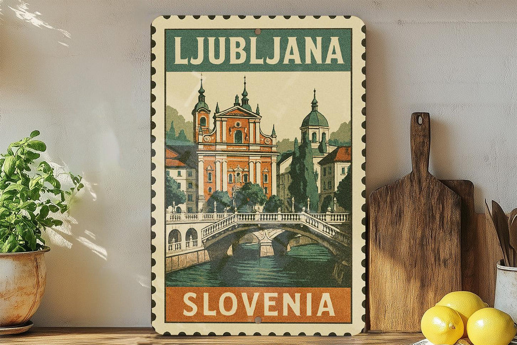 A vintage-style stamp depicting the city of Ljubljana, Slovenia, with a bridge and buildings in the background.