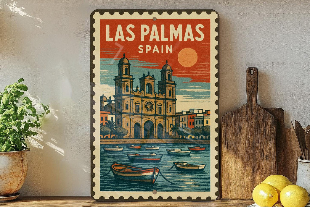A vintage-style metal sign with a colorful illustration of a cityscape and boats, featuring the text "LAS PALMAS SPAIN" prominently displayed.
