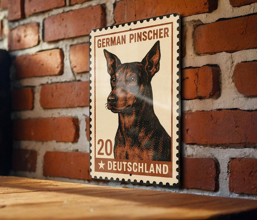 a German Pinscher dog, which is a breed of dog known for its distinctive appearance and characteristics. The dog is depicted in a stamp-like format, with the text "German Pinscher" and "Deutschland" printed on it, indicating that it is a German pinscher dog from Germany.